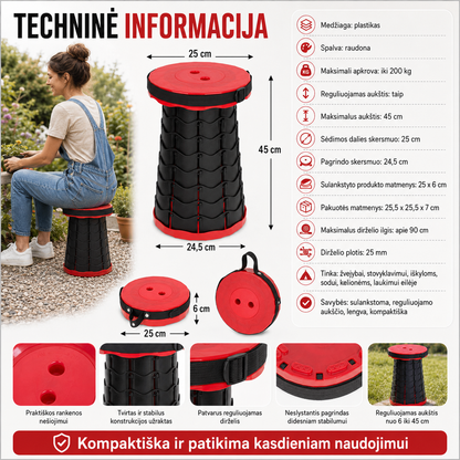 Sulankstoma reguliuojamo aukščio kėdutė – patogi sėdėjimo vieta bet kur