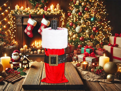 Kalėdinis butelio užvalkalas „Kalėdų Senelio kostiumas“ – stilinga šventinė stalo puošmena ir dovanos akcentas