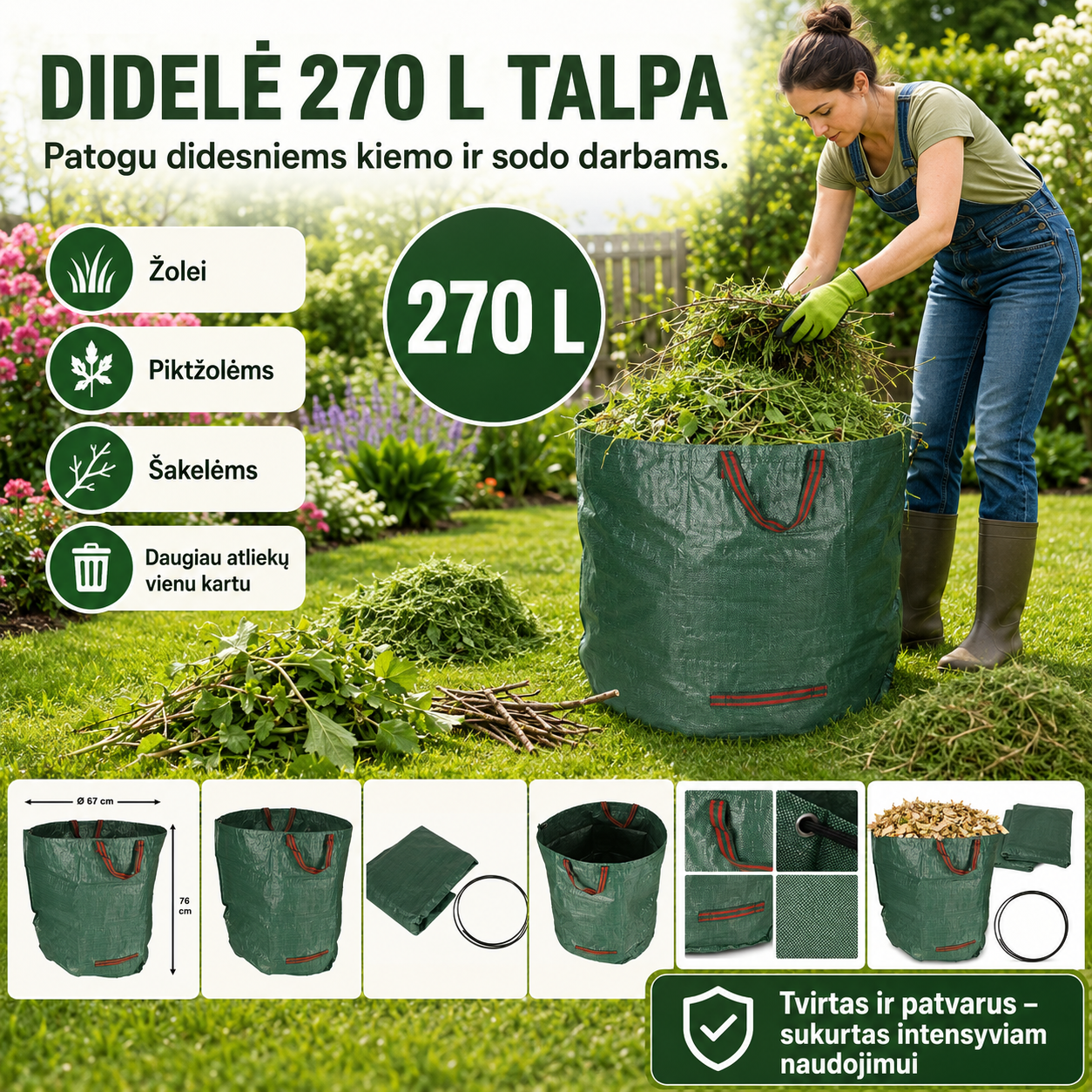 Sulankstomas sodo atliekų maišas 270 l – patogiam lapų, žolės ir šakelių surinkimui