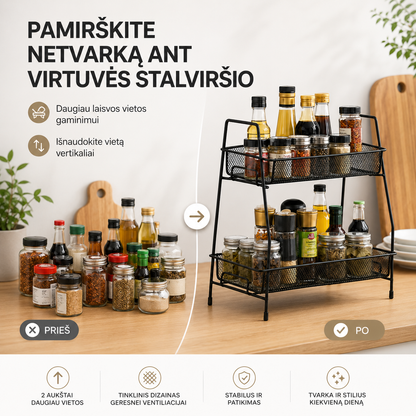 Dviejų aukštų virtuvės lentynėlė – daugiau tvarkos prieskoniams ir kasdieniams reikmenims