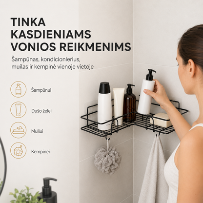 Kampinė dušo lentynėlė be gręžimo – tvarkai vonioje be skylių sienoje