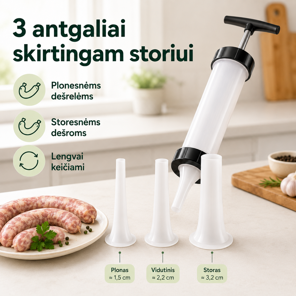 Rankinis dešrų gaminimo šviršktas su 3 antgaliais – naminės dešrelės be vargo