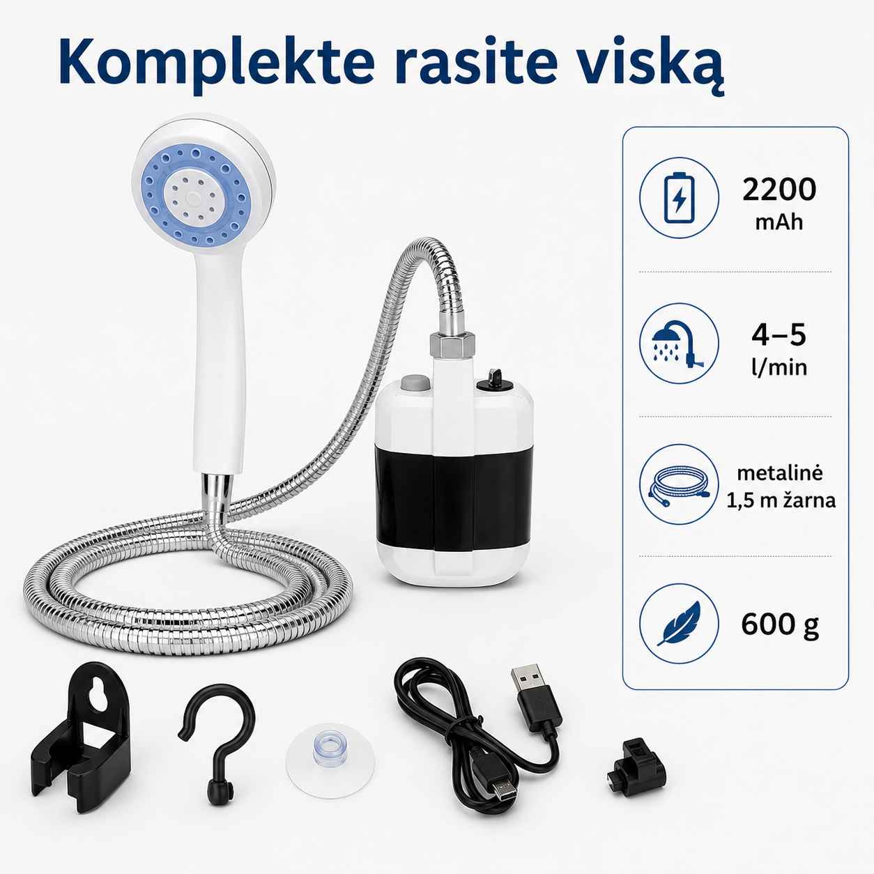Nešiojamas dušo komplektas su įkraunama pompa (USB, metalinė žarna) – nuotrauka 5