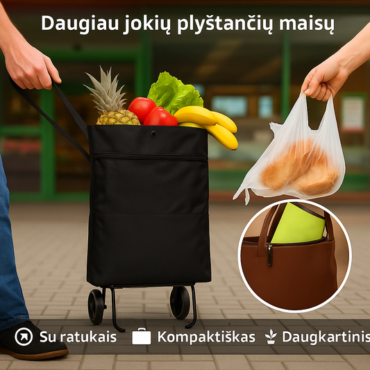 Labai lengvas ir patogus sulankstomas pirkinių krepšys su ratukais (juoda spalva)
