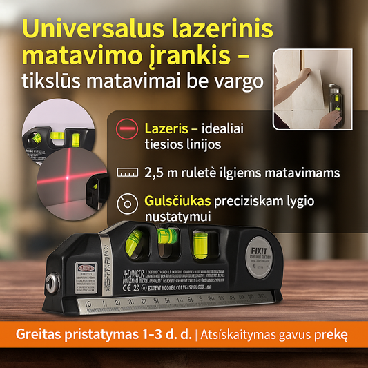 Universalus lazerinis matavimo įrankis su ruletė ir gulsčiuku – tikslūs matavimai be vargo