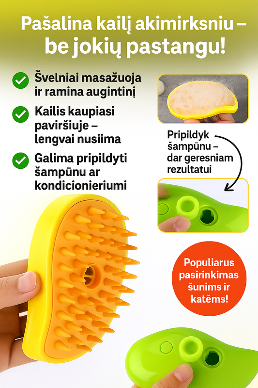 Garų šepetys augintinių kailiui – švelnus iššukavimas ir blizgesys be streso