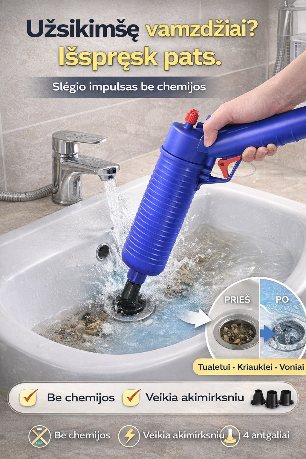 Vamzdžių atkimšimo įrankis su slėgiu – greitas užsikimšimų šalinimas be chemijos