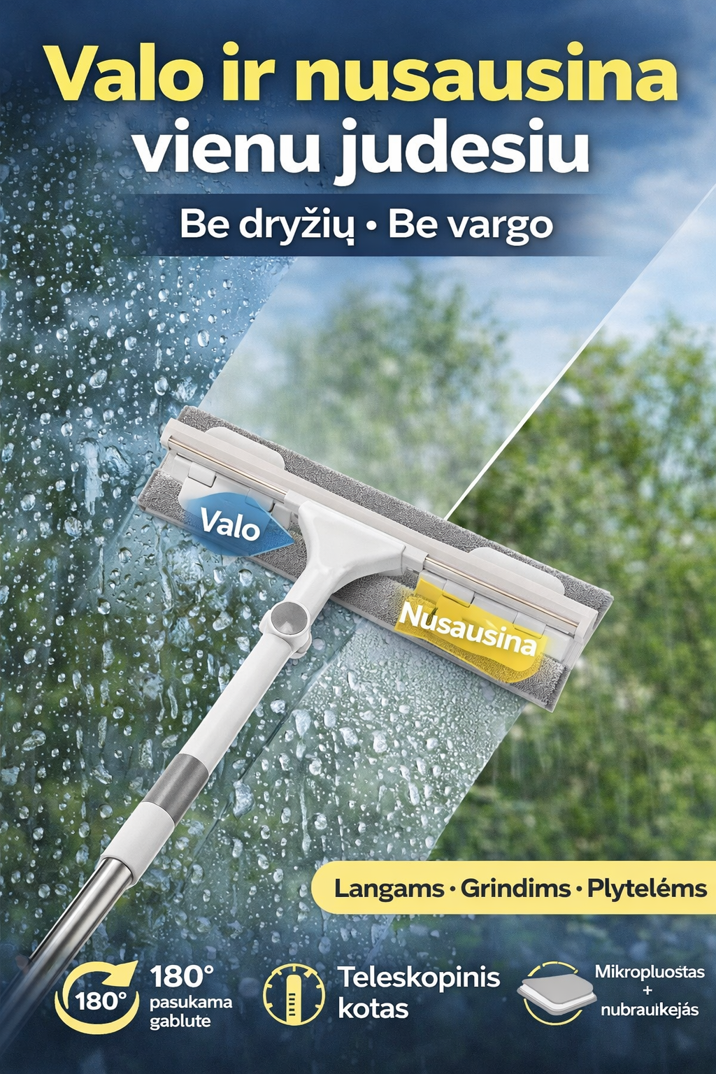 Langų ir grindų šluota du viename su mikropluoštu ir nubraukėju – švara be dryžių ir vargo