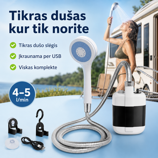 Nešiojamas dušo komplektas su įkraunama pompa (USB, metalinė žarna)