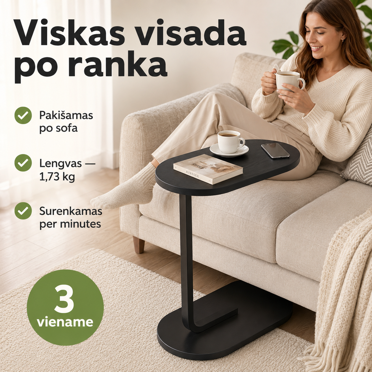 Nešiojamas šoninis staliukas (tinka sofai ir miegamajam, surenkamas per 5 minutes)