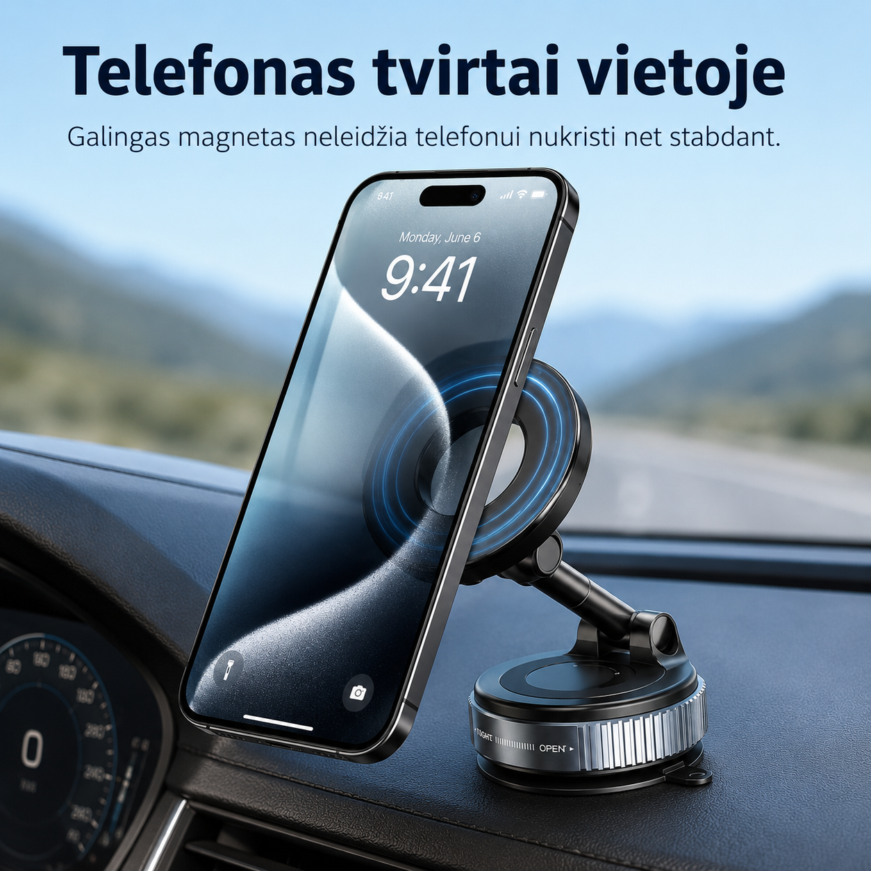Magnetinis telefono laikiklis automobiliui (tvirtas magnetas, 360° sukimas) – nuotrauka 3