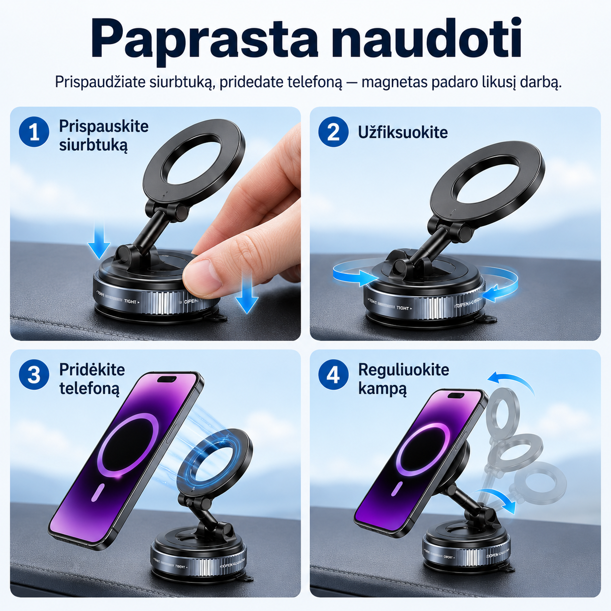 Magnetinis telefono laikiklis automobiliui (tvirtas magnetas, 360° sukimas) – nuotrauka 6