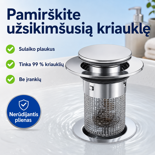 Kriauklės nuotekų filtras nuo užsikimšimo (tinka visoms kriauklių, su iššokančiu kamščiu)
