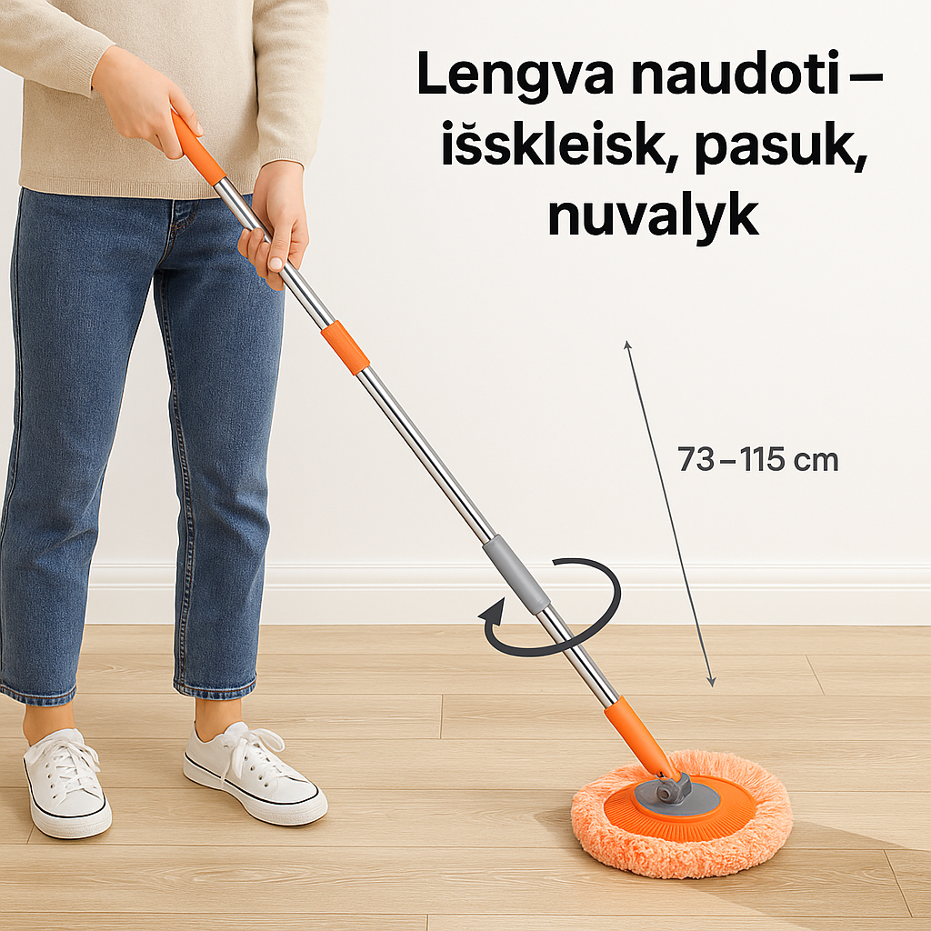360° besisukanti valymo šluota su teleskopine rankena – pasiek net sunkiausiai prieinamas vietas be pastangų
