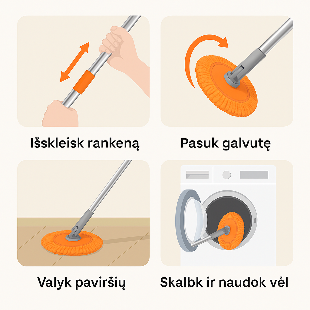 360° besisukanti valymo šluota su teleskopine rankena – pasiek net sunkiausiai prieinamas vietas be pastangų