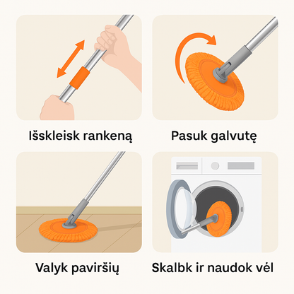 360° besisukanti valymo šluota su teleskopine rankena – pasiek net sunkiausiai prieinamas vietas be pastangų