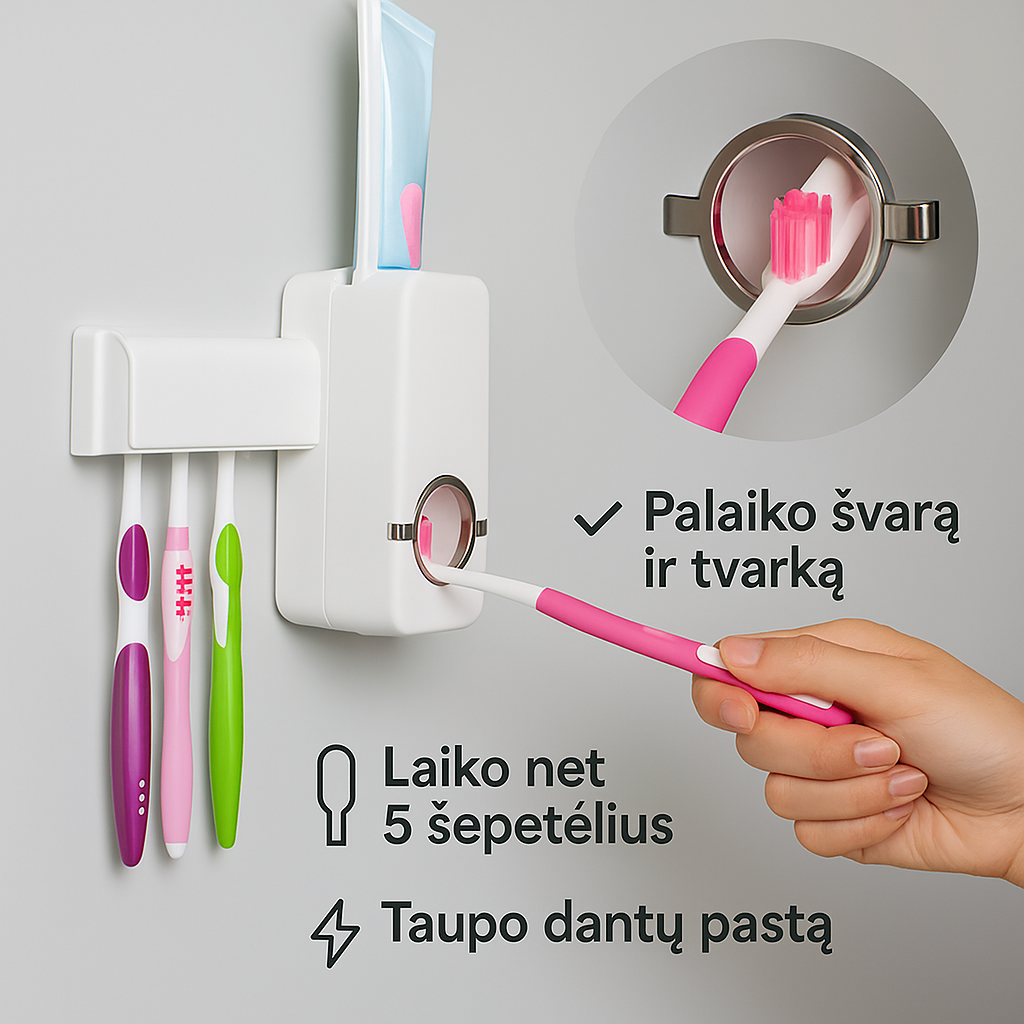 Automatinis dantų pastos dozatorius su šepetėlių laikikliu – tvarka ir higiena kiekvieną dieną