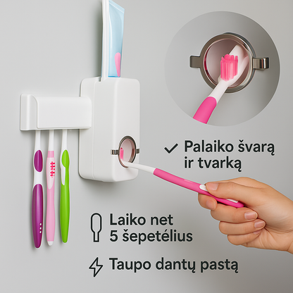 Automatinis dantų pastos dozatorius su šepetėlių laikikliu – tvarka ir higiena kiekvieną dieną