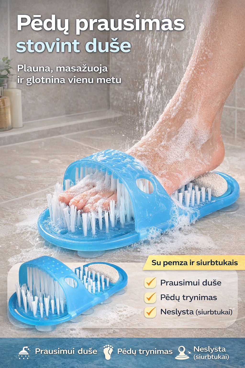 Dušo pėdų šepetys su pemza ir siurbtukais – švarios ir glotnios pėdos be lankstymosi