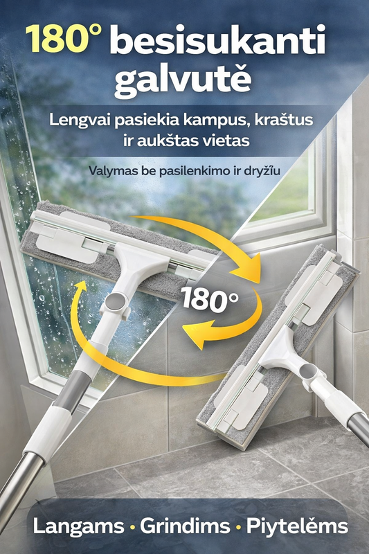 Langų ir grindų šluota du viename su mikropluoštu ir nubraukėju – švara be dryžių ir vargo