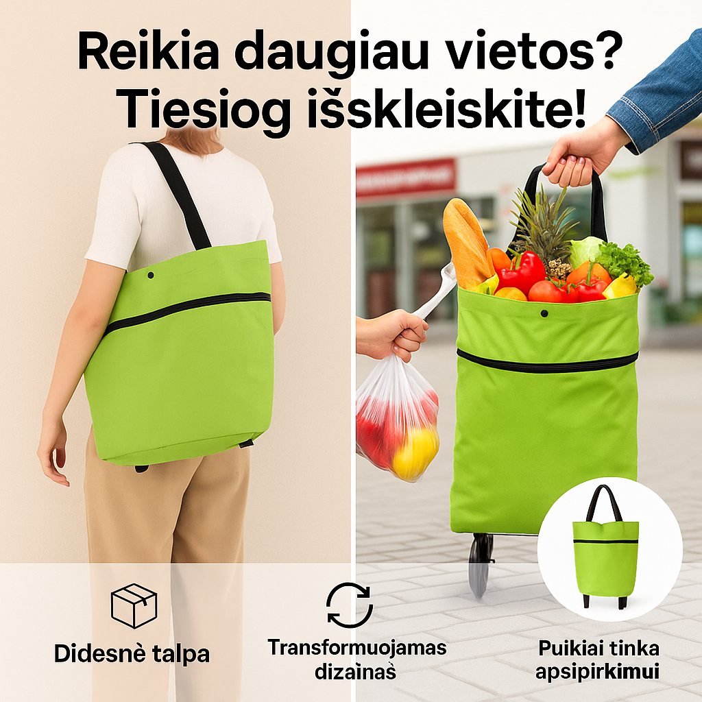 Labai lengvas ir patogus sulankstomas pirkinių krepšys su ratukais (žalia spalva)