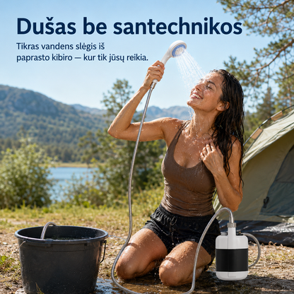 Nešiojamas dušo komplektas su įkraunama pompa (USB, metalinė žarna) – nuotrauka 3