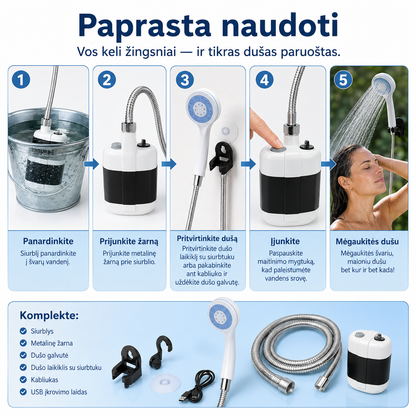 Nešiojamas dušo komplektas su įkraunama pompa (USB, metalinė žarna) – nuotrauka 4