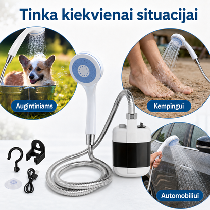Nešiojamas dušo komplektas su įkraunama pompa (USB, metalinė žarna) – nuotrauka 6