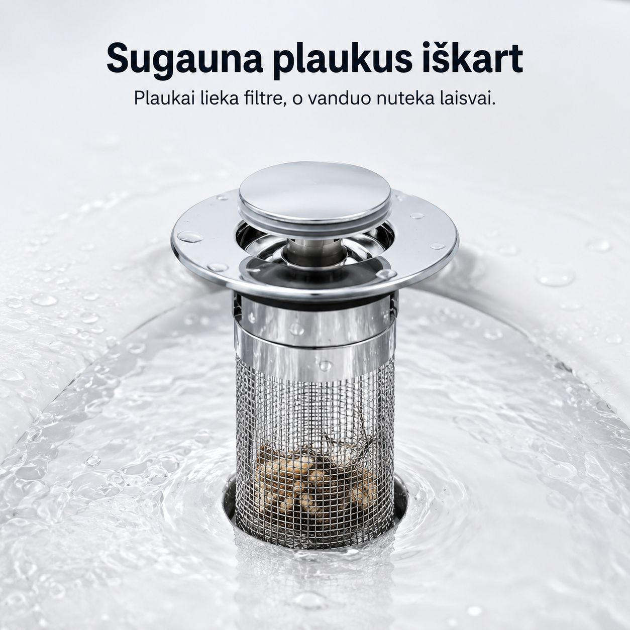 Kriauklės nuotekų filtras nuo užsikimšimo (tinka visoms kriauklių, su iššokančiu kamščiu) – nuotrauka 3