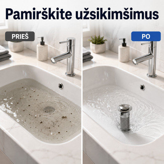 Kriauklės nuotekų filtras nuo užsikimšimo (tinka visoms kriauklių, su iššokančiu kamščiu)