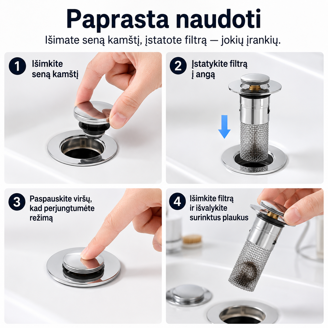 Kriauklės nuotekų filtras nuo užsikimšimo (tinka visoms kriauklių, su iššokančiu kamščiu) – nuotrauka 6