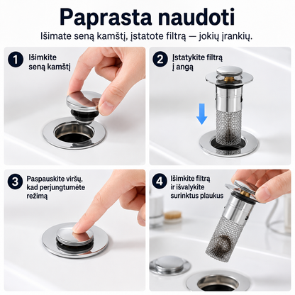 Kriauklės nuotekų filtras nuo užsikimšimo (tinka visoms kriauklių, su iššokančiu kamščiu) – nuotrauka 6