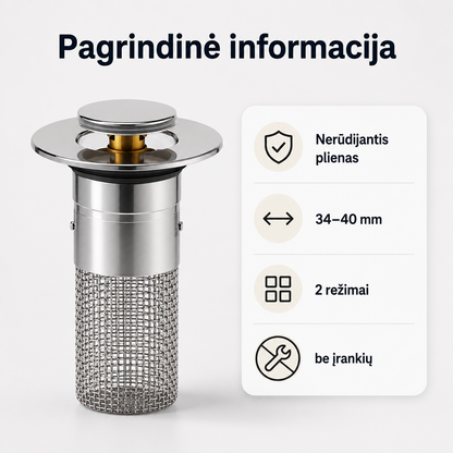 Kriauklės nuotekų filtras nuo užsikimšimo (tinka visoms kriauklių, su iššokančiu kamščiu) – nuotrauka 7
