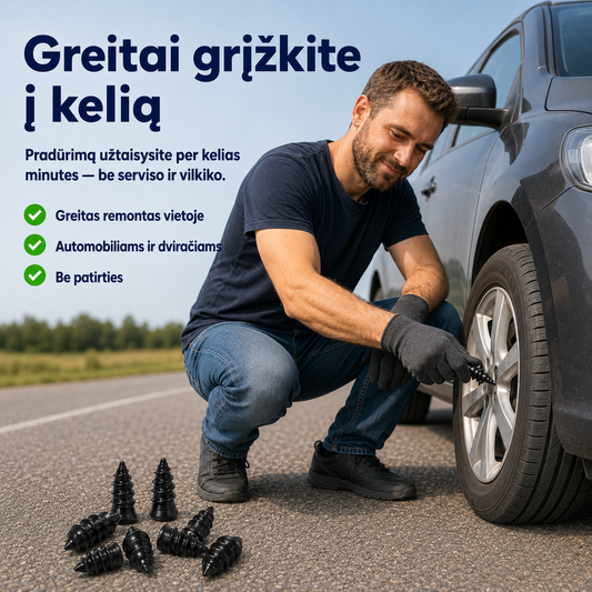 Padangų remonto rinkinys (užtaiso pradūrimus, tinka automobiliams ir dviračiams