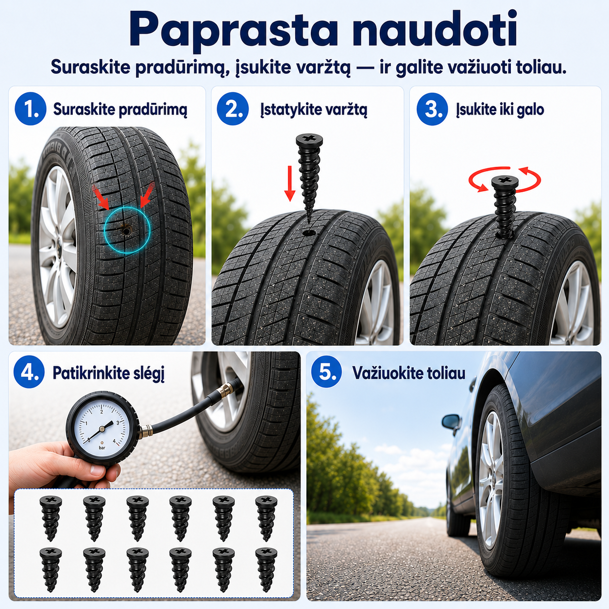 Padangų remonto rinkinys (užtaiso pradūrimus, tinka automobiliams ir dviračiams – nuotrauka 7