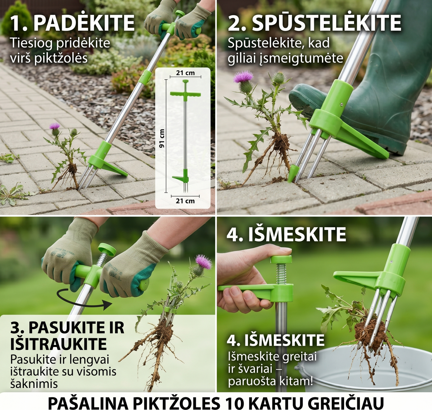Piktžolių šalinimo įrankis su ilga rankena – greitas ravėjimas be lenkimosi ir chemikalų