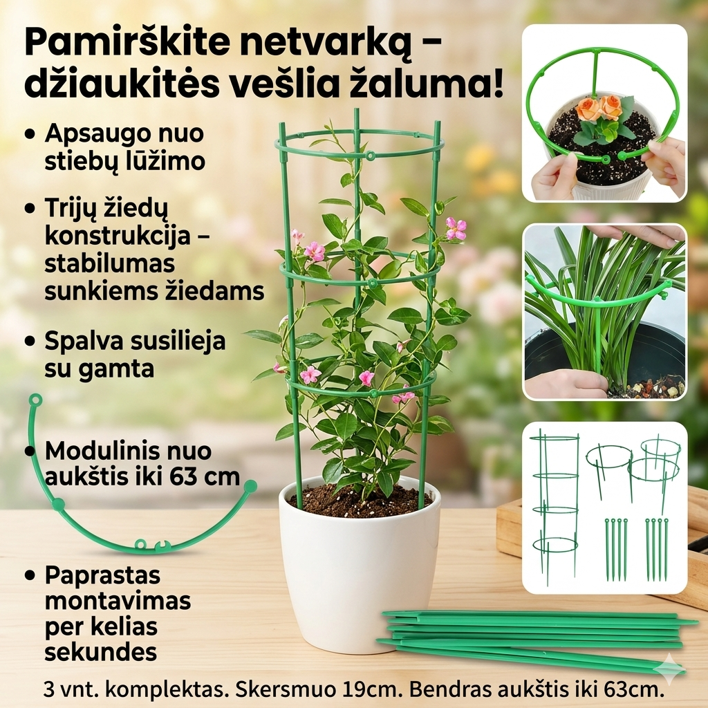 Triguba reguliuojama augalų atrama – tiesus augimas ir nepriekaištinga sodo tvarka