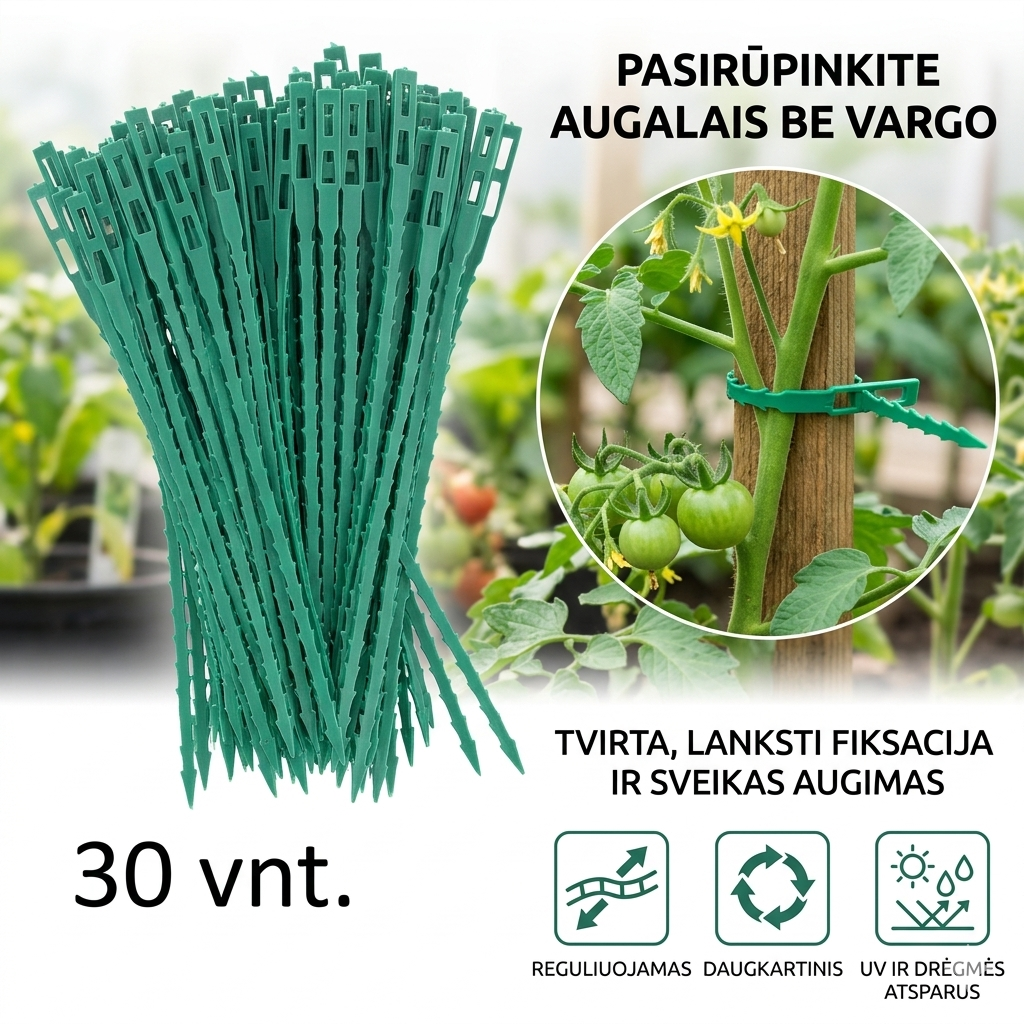 Daugkartiniai augalų tvirtinimo dirželiai su reguliuojamu užsegimu – tvarkingas sodas be pažeistų stiebų