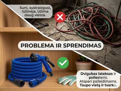 Išsitempianti sodo žarna su daugiafunkciu purkštuvu – lengvas laistymas be jokių mazgų ir sunkių nešulių