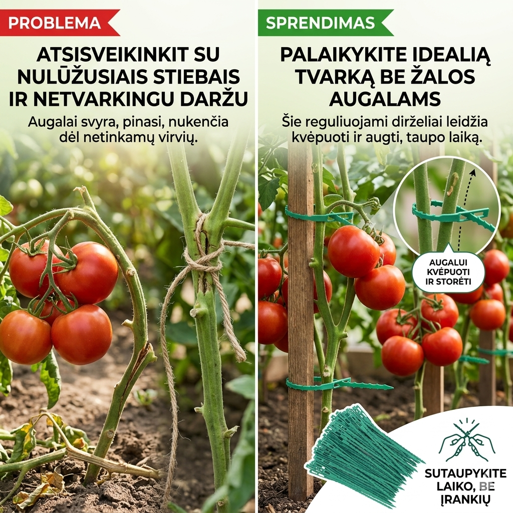 Daugkartiniai augalų tvirtinimo dirželiai su reguliuojamu užsegimu – tvarkingas sodas be pažeistų stiebų