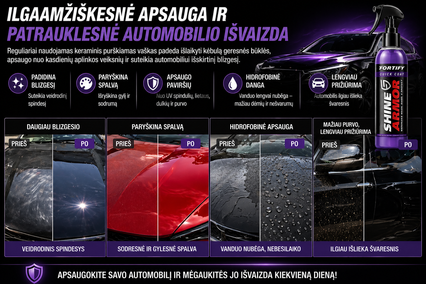 Purškiamas keraminis automobilio vaškas – blizgesys, apsauga ir mažiau nešvarumų vienu purškimu