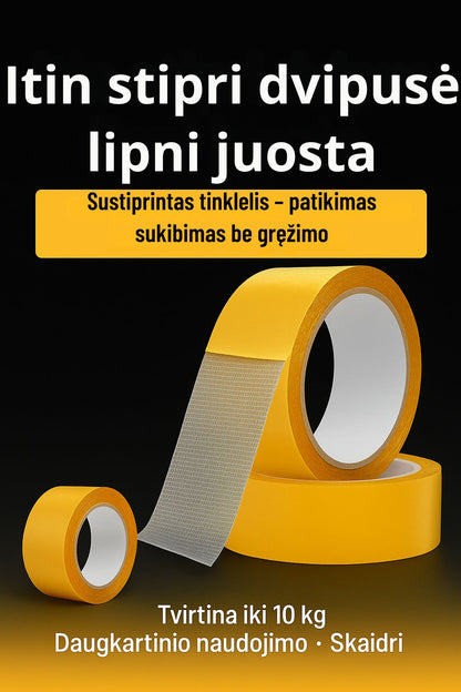 Dvipusė itin stipri daugkartinė lipni juosta – greitas tvirtinimas be gręžimo ir žymių (5 metrai)
