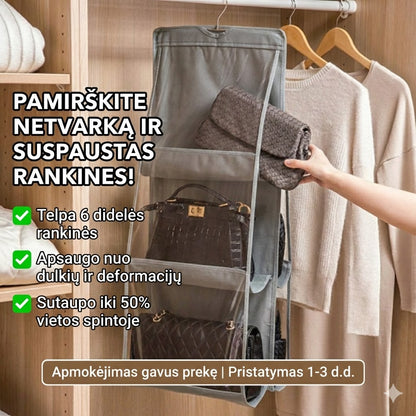 Pakabinamas rankinių organizatorius (6 skyriai) – nepriekaištinga tvarka spintoje ir saugus laikymas