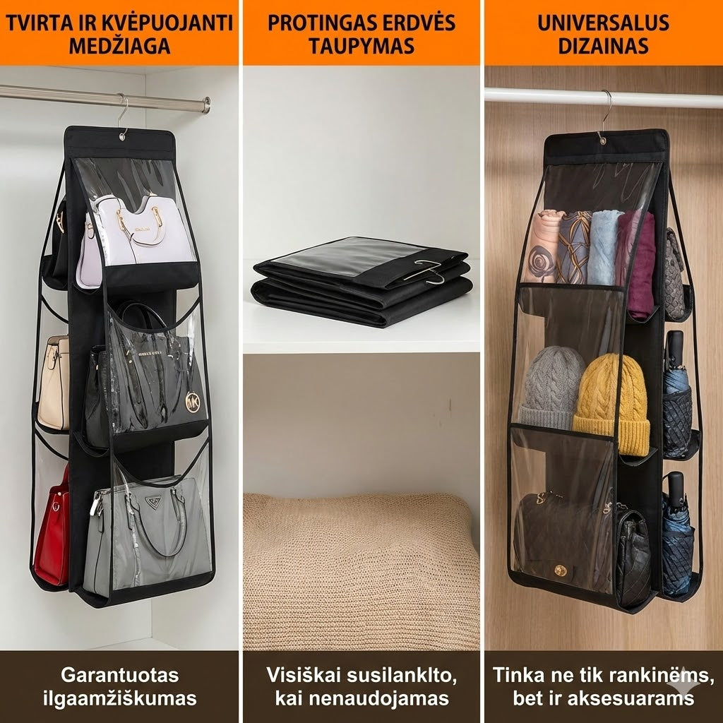 Pakabinamas rankinių organizatorius (6 skyriai)