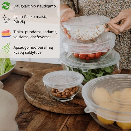 Silikoniniai virtuvės dangteliai, rinkinį sudaro 6 skirtingo dydžio dangteliai