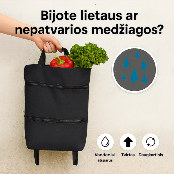 Labai lengvas ir patogus sulankstomas pirkinių krepšys su ratukais (juoda spalva)