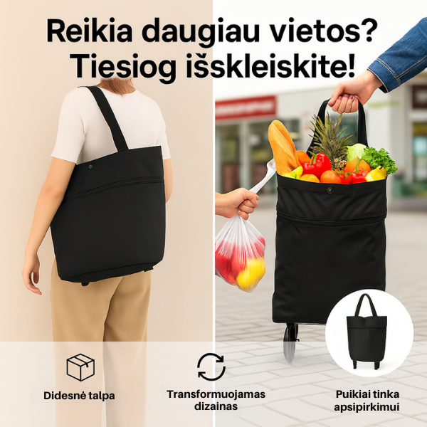 Labai lengvas ir patogus sulankstomas pirkinių krepšys su ratukais (juoda spalva)