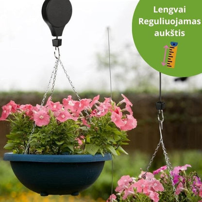Ištraukiamas vazono kabliukas su dirželiu lengvesniam laistymui