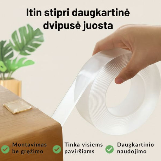 Daugkartinė itin stipri dvipusė skaidri lipni juosta – stiprus tvirtinimas be gręžimo (3 m)
