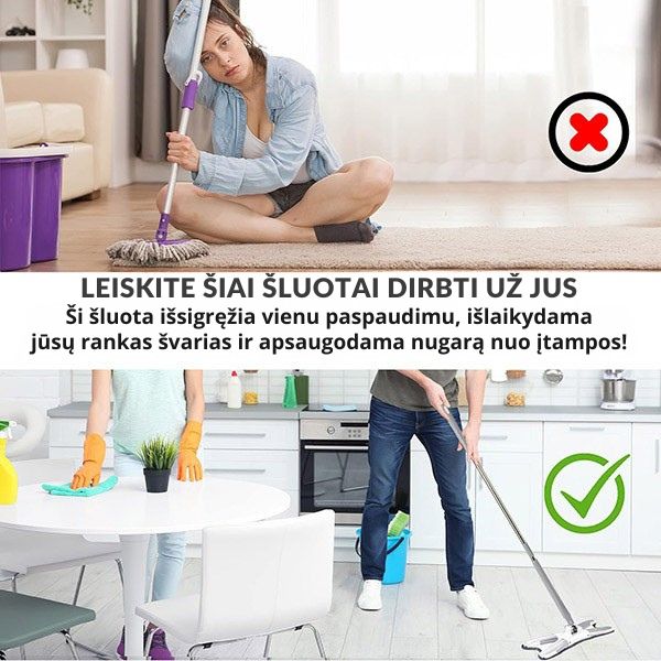 Savaime išsigręžianti 360° grindų šluota – švarios grindys be vargo ir šlapių rankų